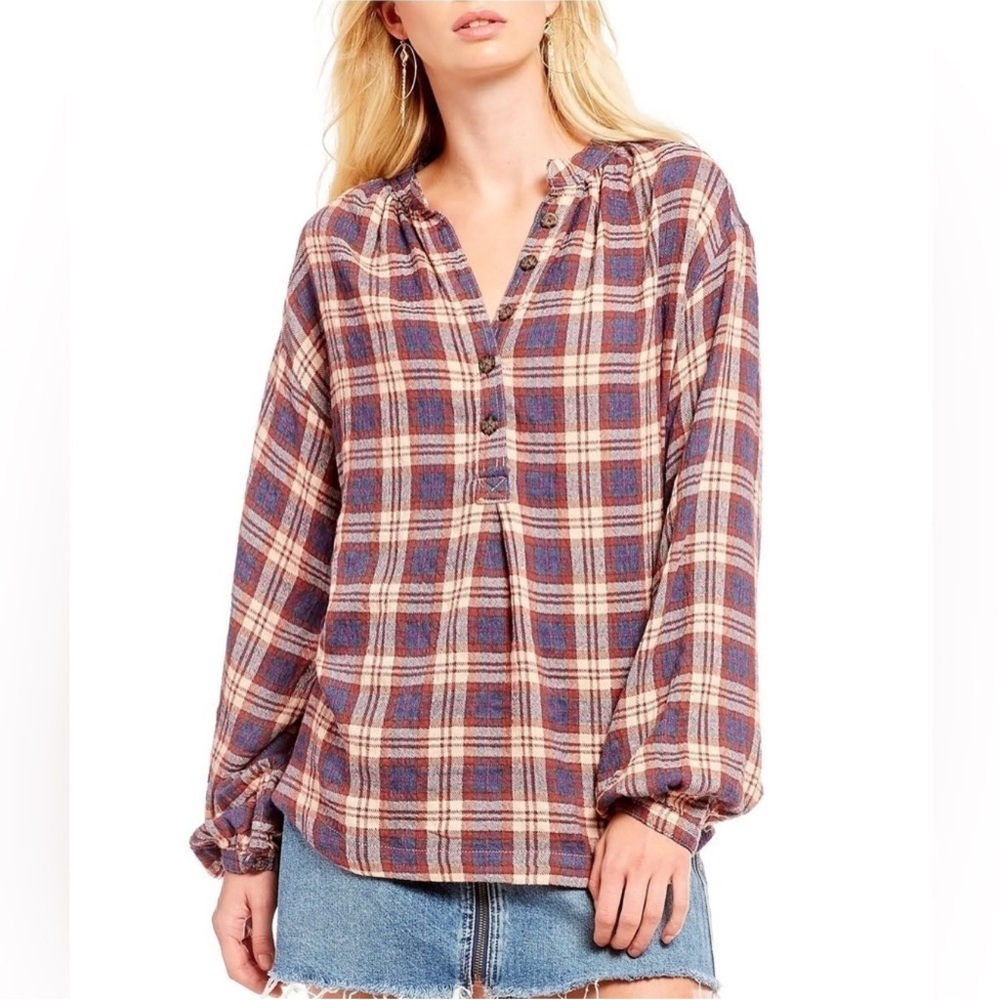 Free People Northern‎ Bound Plaid Popover Blouse Moonlit Combo S